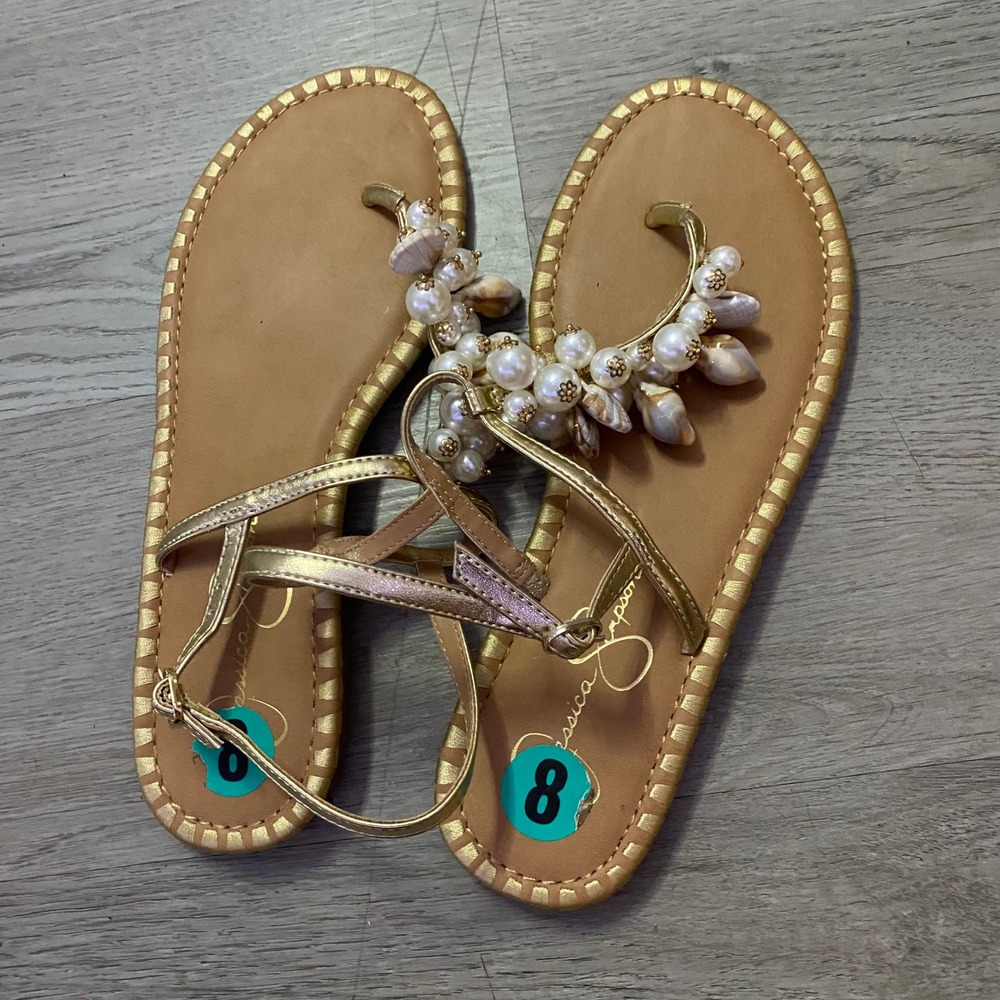 Jessica Simpson Belina Sandals Women Size 8 Gold Pearl Shell Embellished Thong